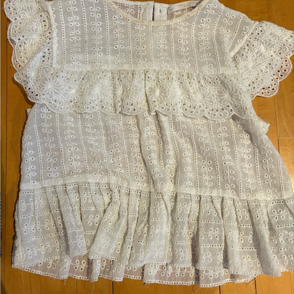 White Zara Eyelet Ruffle Peplum Top -
